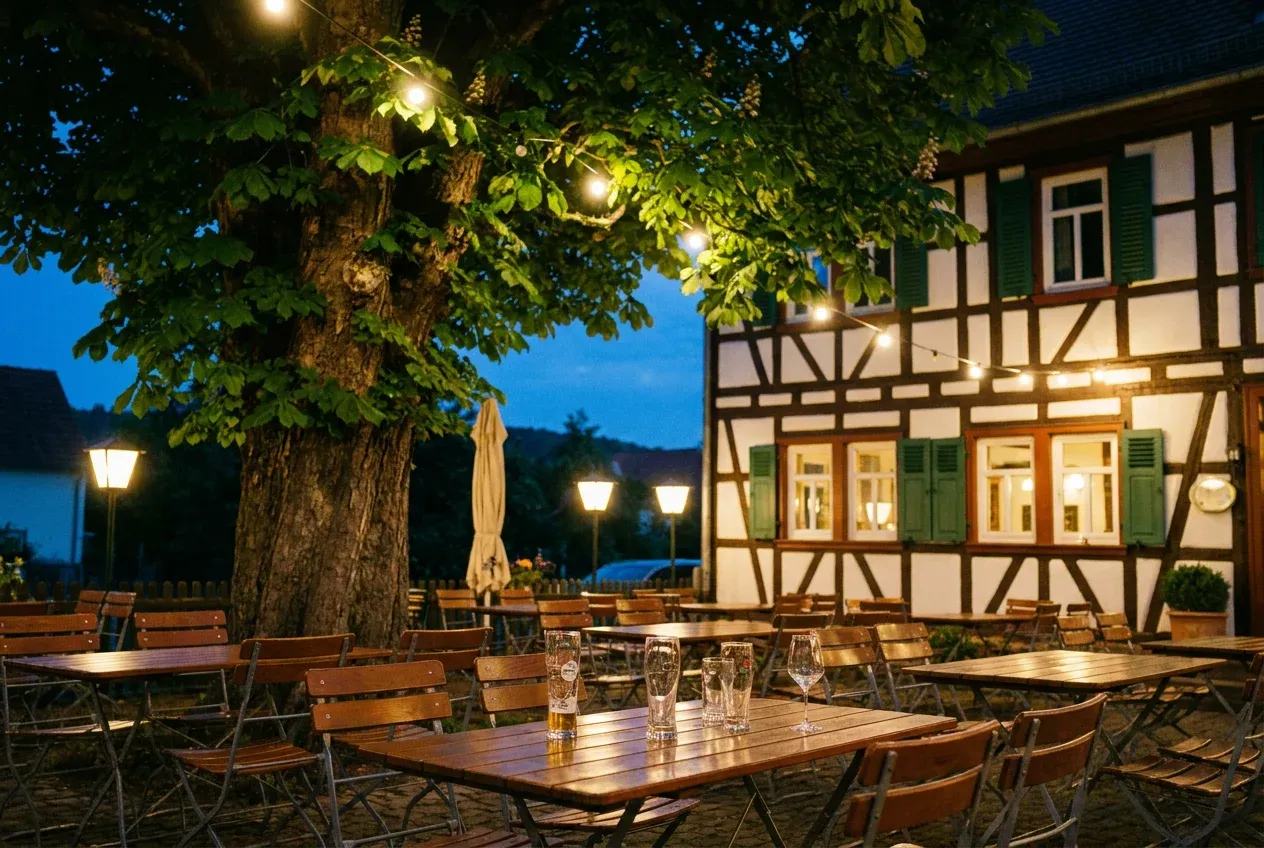 Beispielentwurf: Biergarten eines fränkischen Landgasthofs am Abend